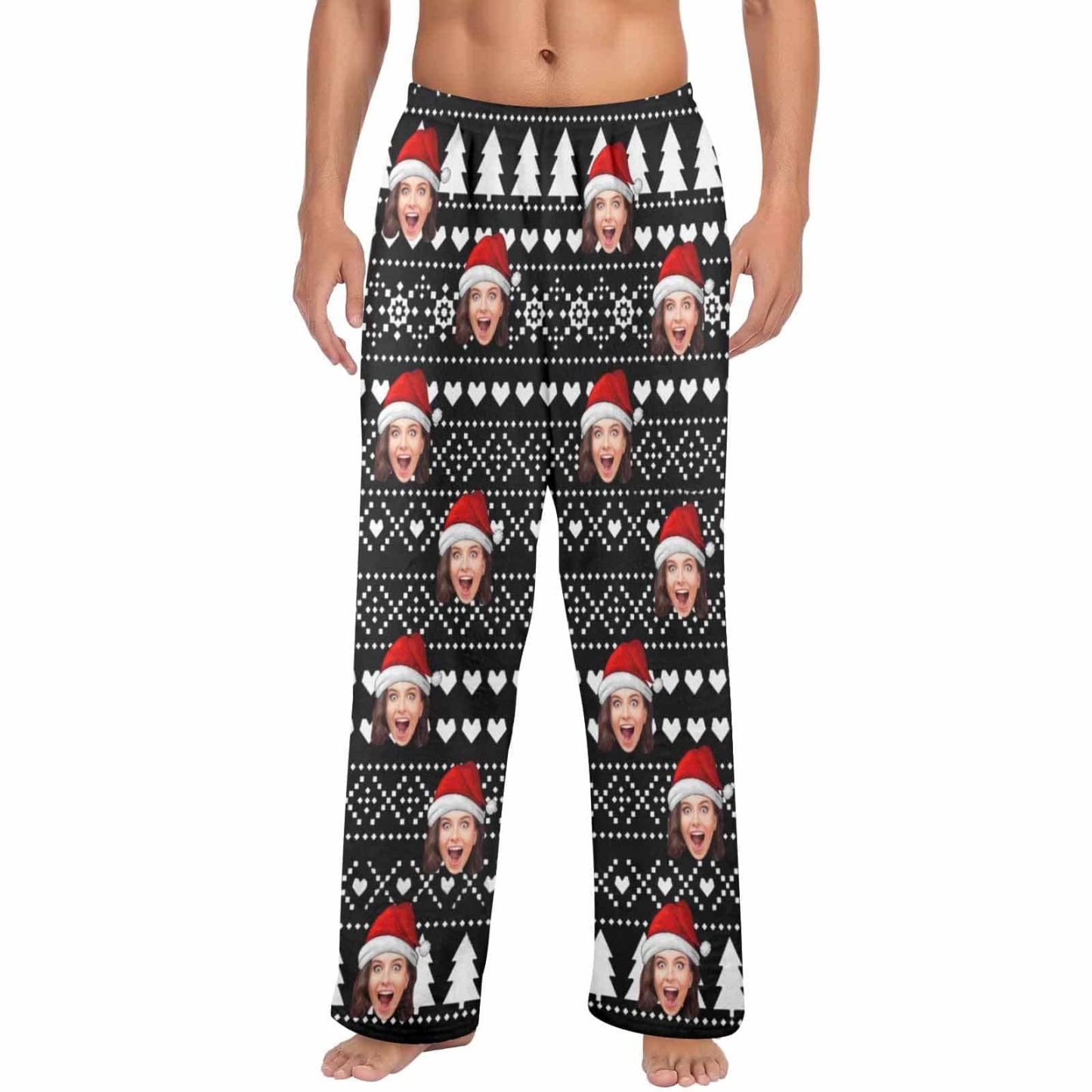 Custom Coral Fleece Pajama Trousers-Custom Face Black Christmas Background Red Hat Warm and Comfortable Sleepwear Long Pajama Pants For Men Women - YesCustom