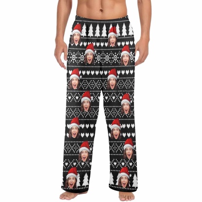 Custom Coral Fleece Pajama Trousers-Custom Face Black Christmas Background Red Hat Warm and Comfortable Sleepwear Long Pajama Pants For Men Women - YesCustom