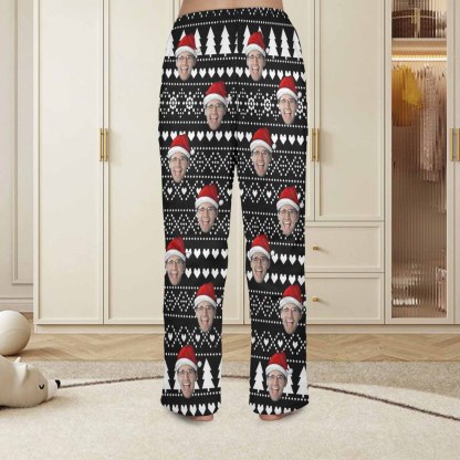 Custom Coral Fleece Pajama Trousers-Custom Face Black Christmas Background Red Hat Warm and Comfortable Sleepwear Long Pajama Pants For Men Women - YesCustom