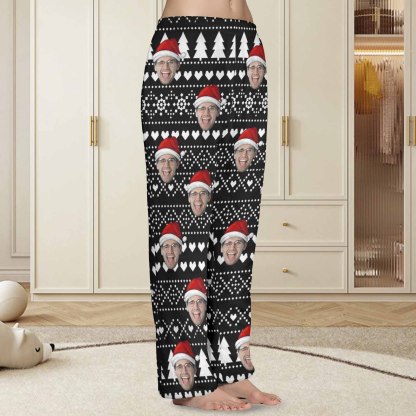 Custom Coral Fleece Pajama Trousers-Custom Face Black Christmas Background Red Hat Warm and Comfortable Sleepwear Long Pajama Pants For Men Women - YesCustom