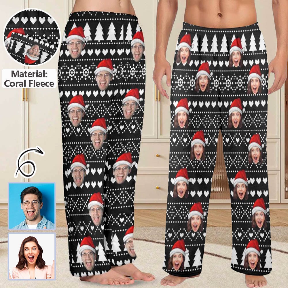 Custom Coral Fleece Pajama Trousers-Custom Face Black Christmas Background Red Hat Warm and Comfortable Sleepwear Long Pajama Pants For Men Women - YesCustom