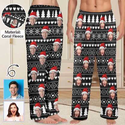 Custom Coral Fleece Pajama Trousers-Custom Face Black Christmas Background Red Hat Warm and Comfortable Sleepwear Long Pajama Pants For Men Women - YesCustom