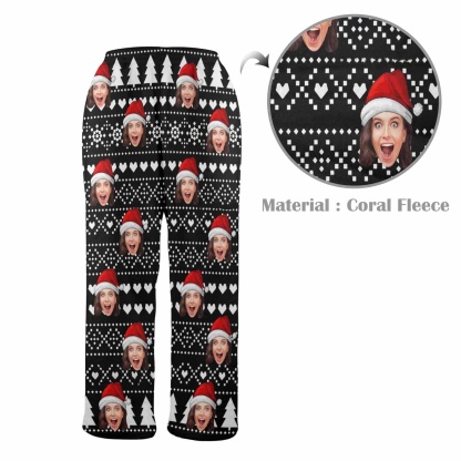 Custom Coral Fleece Pajama Trousers-Custom Face Black Christmas Background Red Hat Warm and Comfortable Sleepwear Long Pajama Pants For Men Women - YesCustom