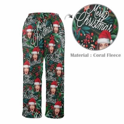 Custom Coral Fleece Pajama Trousers-Custom Face Christmas Red Beans Print Warm and Comfortable Sleepwear Long Pajama Pants For Men Women - YesCustom