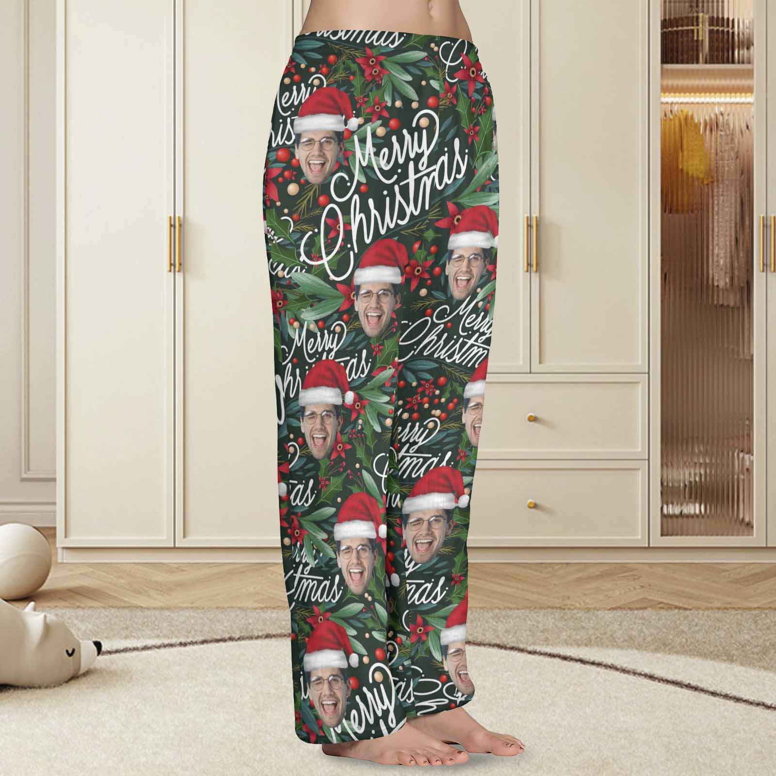 Custom Coral Fleece Pajama Trousers-Custom Face Christmas Red Beans Print Warm and Comfortable Sleepwear Long Pajama Pants For Men Women - YesCustom