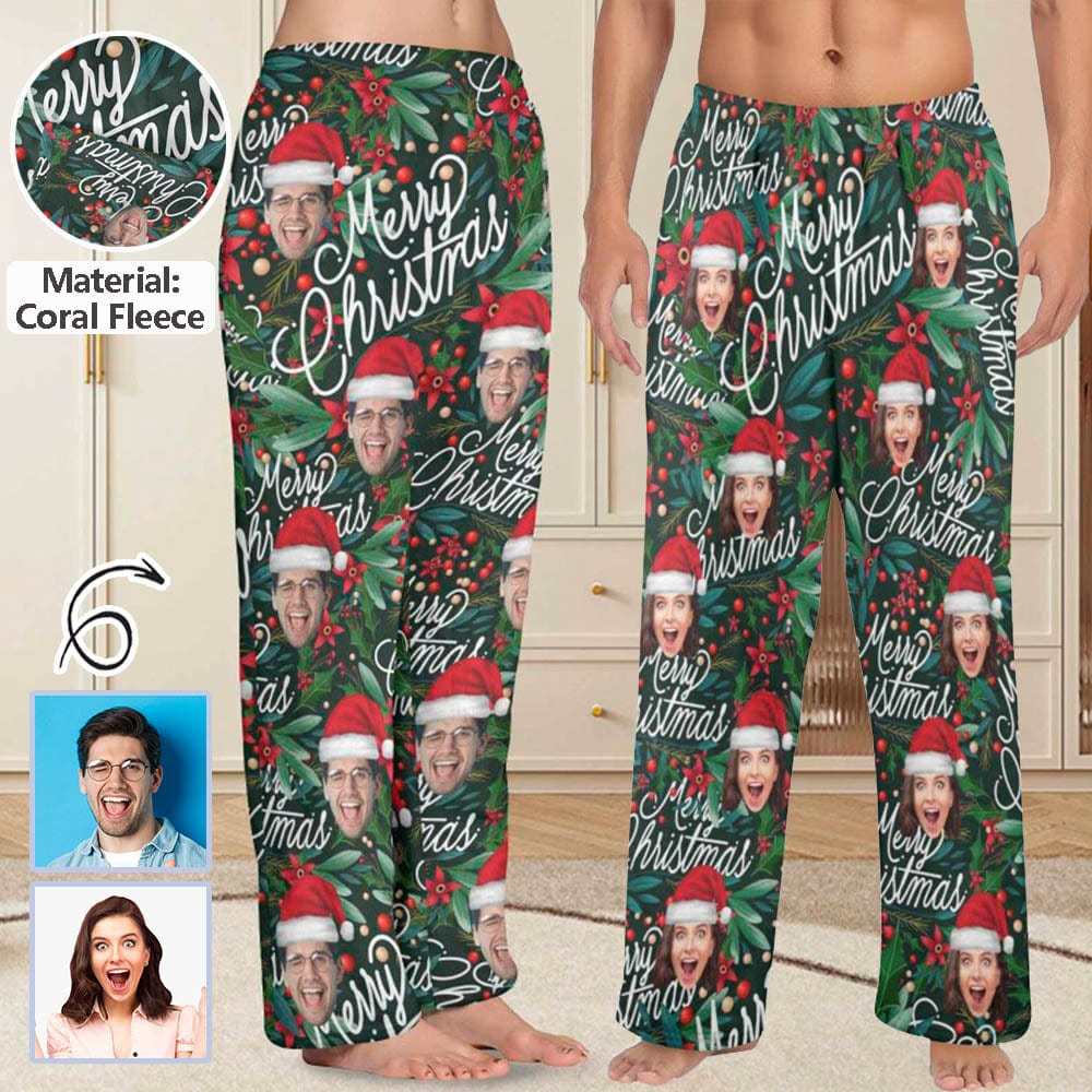Custom Coral Fleece Pajama Trousers-Custom Face Christmas Red Beans Print Warm and Comfortable Sleepwear Long Pajama Pants For Men Women - YesCustom