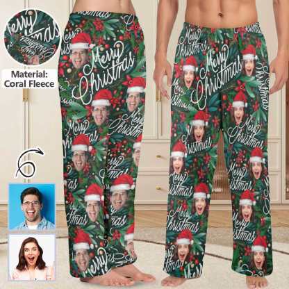 Custom Coral Fleece Pajama Trousers-Custom Face Christmas Red Beans Print Warm and Comfortable Sleepwear Long Pajama Pants For Men Women - YesCustom