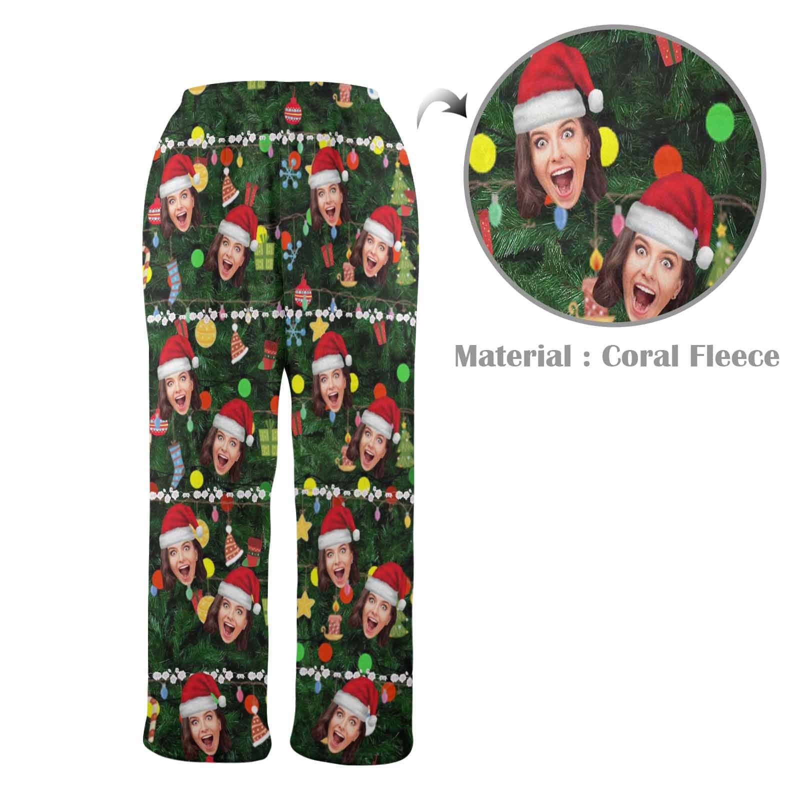 Custom Coral Fleece Pajama Trousers-Custom Face Christmas Red Hat Tree Trinkets Warm and Comfortable Sleepwear Long Pajama Pants For Men Women - YesCustom