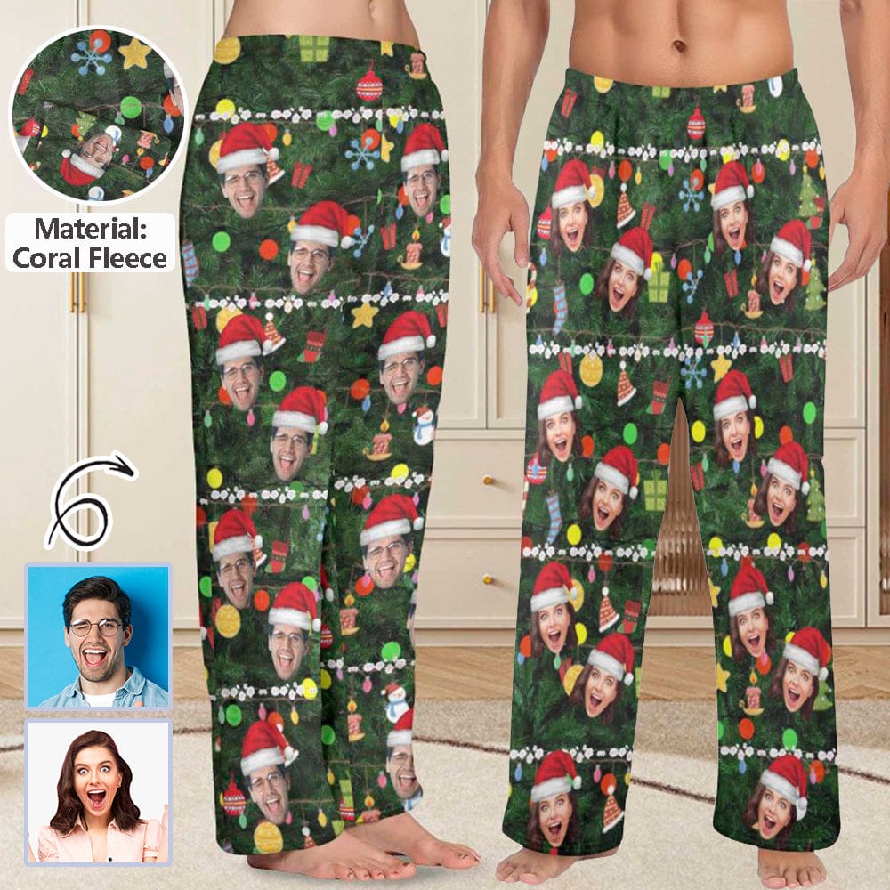 Custom Coral Fleece Pajama Trousers-Custom Face Christmas Red Hat Tree Trinkets Warm and Comfortable Sleepwear Long Pajama Pants For Men Women - YesCustom