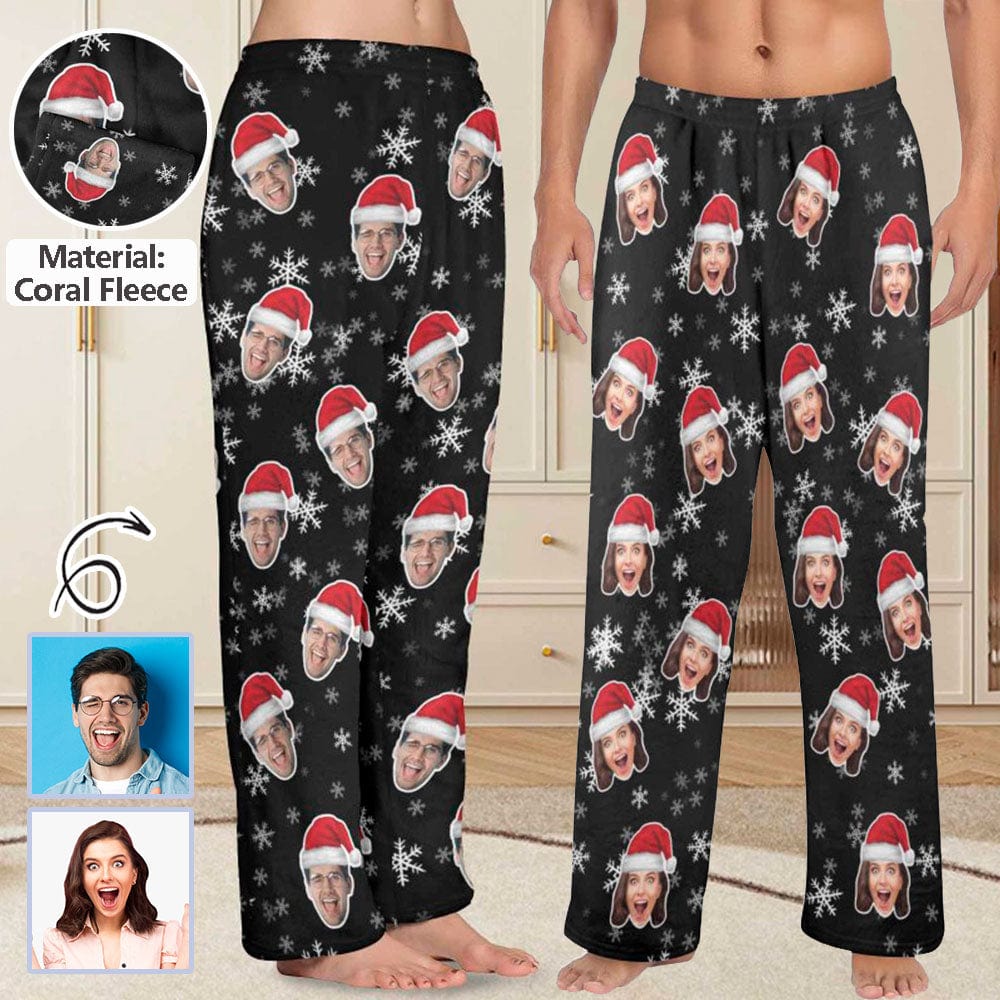 Custom Coral Fleece Pajama Trousers-Custom Face Christmas Snowflake Warm and Comfortable Sleepwear Long Pajama Pants For Men Women - YesCustom