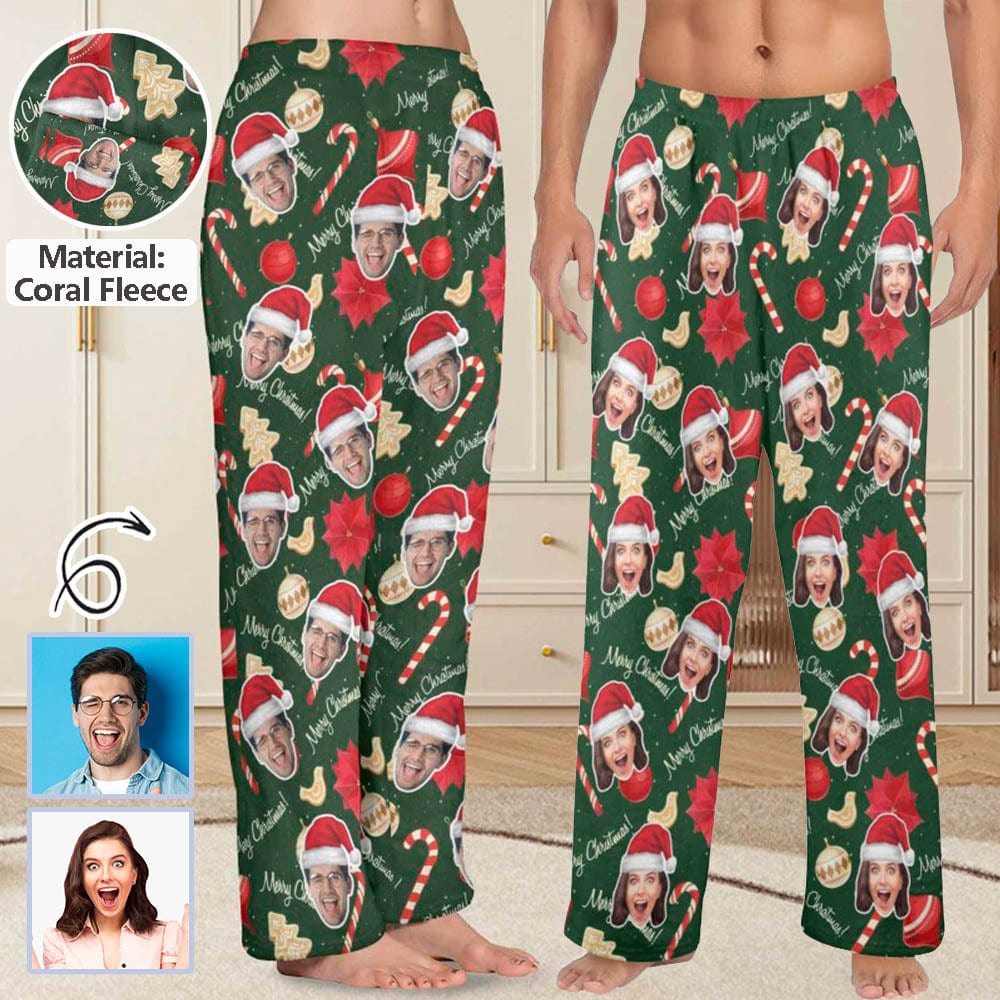 Custom Coral Fleece Pajama Trousers-Custom Face Christmas Sticks Red Hat Warm and Comfortable Sleepwear Long Pajama Pants For Men Women - YesCustom