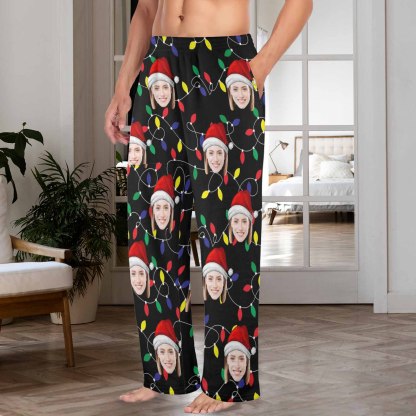 Custom Coral Fleece Pajama Trousers-Custom Face Colored Light Bulbs Christmas Red Hat Warm and Comfortable Sleepwear Long Pajama Pants For Men Women - YesCustom