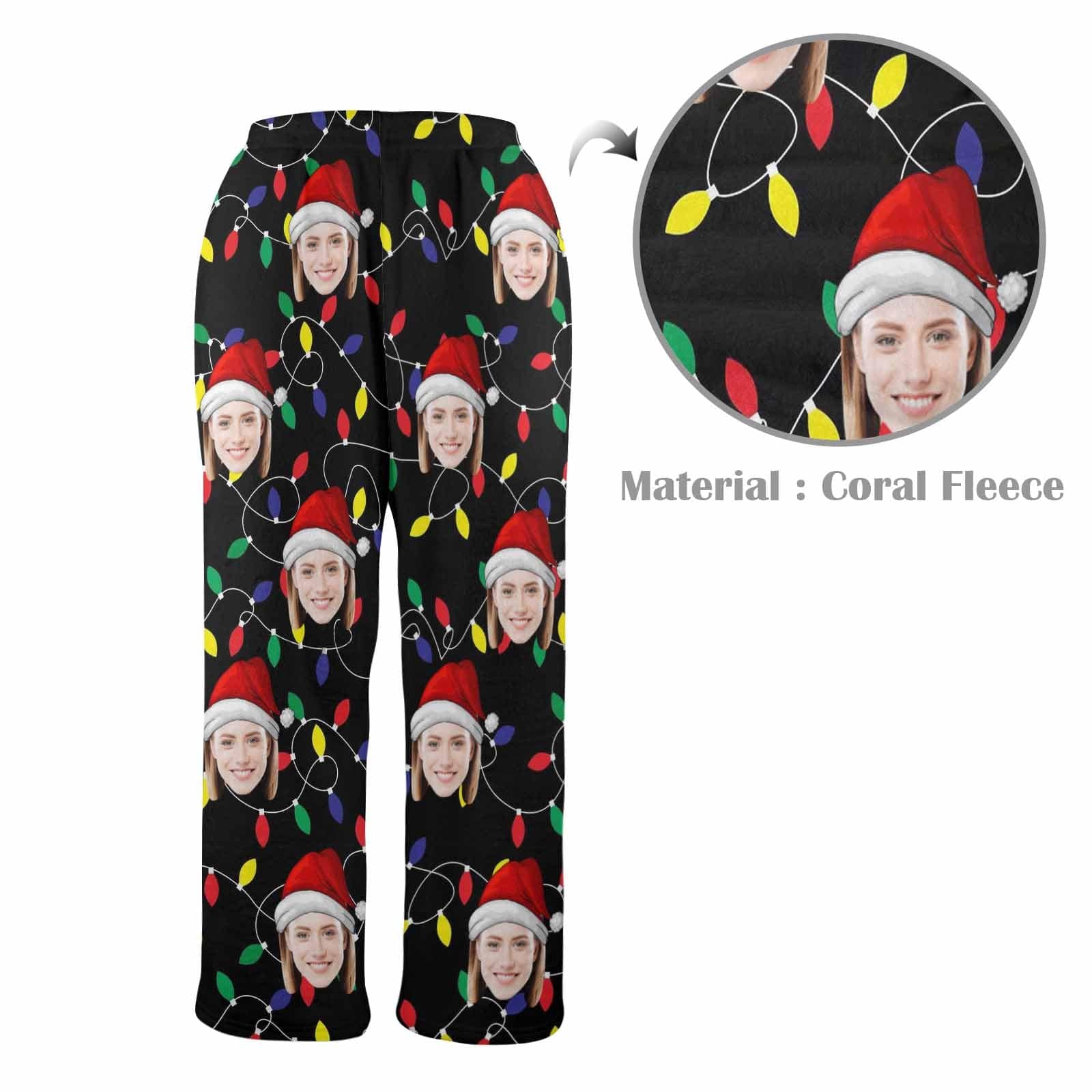 Custom Coral Fleece Pajama Trousers-Custom Face Colored Light Bulbs Christmas Red Hat Warm and Comfortable Sleepwear Long Pajama Pants For Men Women - YesCustom