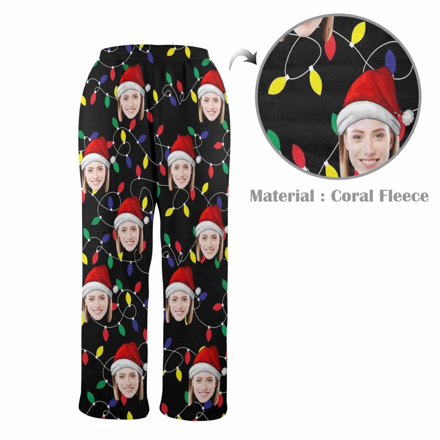 Custom Coral Fleece Pajama Trousers-Custom Face Colored Light Bulbs Christmas Red Hat Warm and Comfortable Sleepwear Long Pajama Pants For Men Women - YesCustom