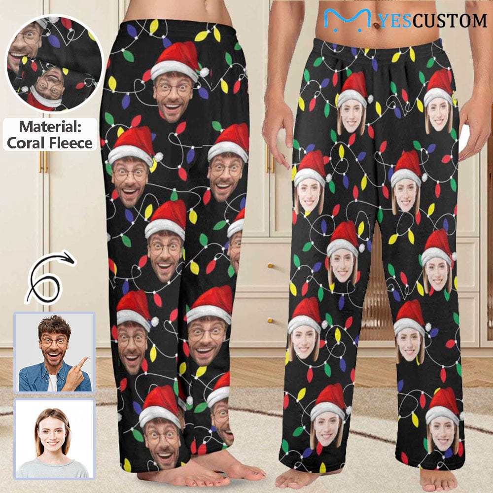 Custom Coral Fleece Pajama Trousers-Custom Face Colored Light Bulbs Christmas Red Hat Warm and Comfortable Sleepwear Long Pajama Pants For Men Women - YesCustom