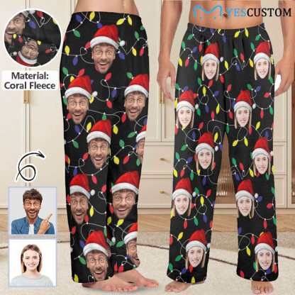 Custom Coral Fleece Pajama Trousers-Custom Face Colored Light Bulbs Christmas Red Hat Warm and Comfortable Sleepwear Long Pajama Pants For Men Women - YesCustom