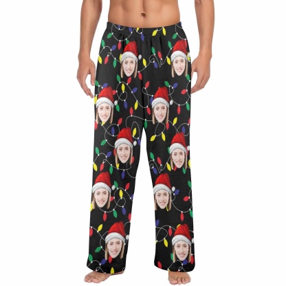 Custom Coral Fleece Pajama Trousers-Custom Face Colored Light Bulbs Christmas Red Hat Warm and Comfortable Sleepwear Long Pajama Pants For Men Women - YesCustom