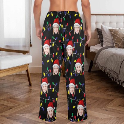 Custom Coral Fleece Pajama Trousers-Custom Face Colored Light Bulbs Christmas Red Hat Warm and Comfortable Sleepwear Long Pajama Pants For Men Women - YesCustom