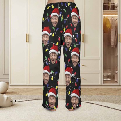 Custom Coral Fleece Pajama Trousers-Custom Face Colored Light Bulbs Christmas Red Hat Warm and Comfortable Sleepwear Long Pajama Pants For Men Women - YesCustom