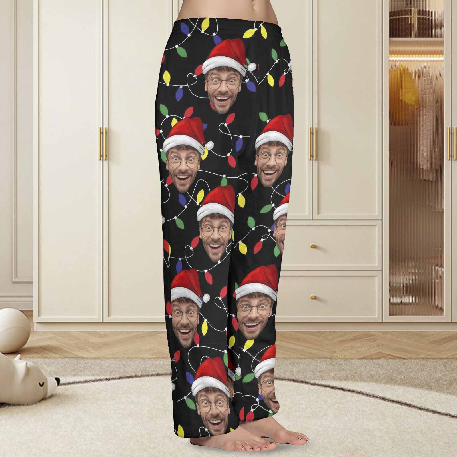 Custom Coral Fleece Pajama Trousers-Custom Face Colored Light Bulbs Christmas Red Hat Warm and Comfortable Sleepwear Long Pajama Pants For Men Women - YesCustom