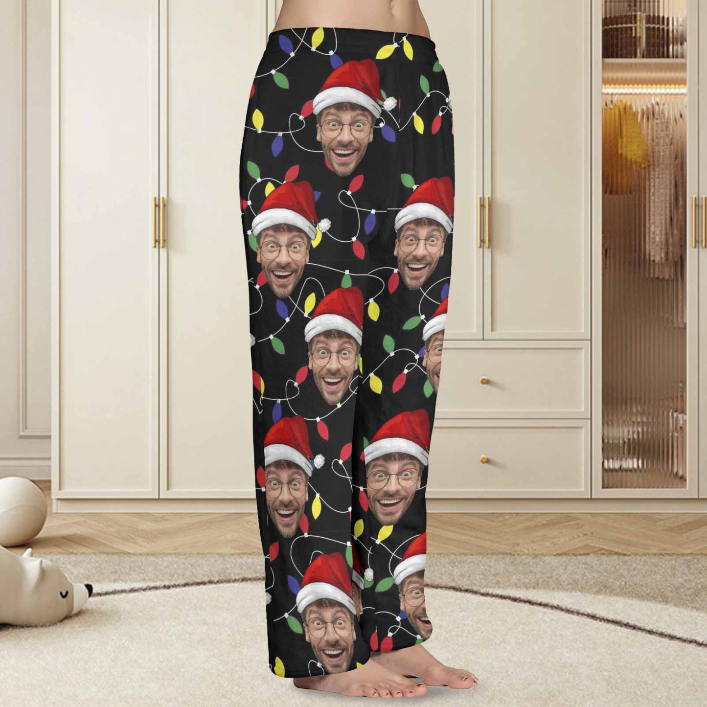 Custom Coral Fleece Pajama Trousers-Custom Face Colored Light Bulbs Christmas Red Hat Warm and Comfortable Sleepwear Long Pajama Pants For Men Women - YesCustom