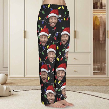 Custom Coral Fleece Pajama Trousers-Custom Face Colored Light Bulbs Christmas Red Hat Warm and Comfortable Sleepwear Long Pajama Pants For Men Women - YesCustom