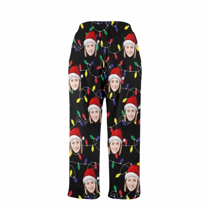 Custom Coral Fleece Pajama Trousers-Custom Face Colored Light Bulbs Christmas Red Hat Warm and Comfortable Sleepwear Long Pajama Pants For Men Women - YesCustom