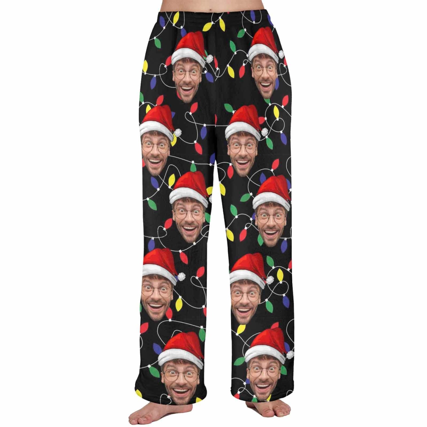 Custom Coral Fleece Pajama Trousers-Custom Face Colored Light Bulbs Christmas Red Hat Warm and Comfortable Sleepwear Long Pajama Pants For Men Women - YesCustom