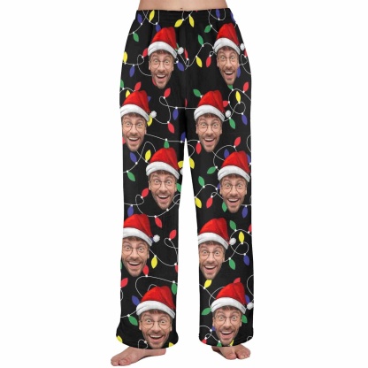 Custom Coral Fleece Pajama Trousers-Custom Face Colored Light Bulbs Christmas Red Hat Warm and Comfortable Sleepwear Long Pajama Pants For Men Women - YesCustom