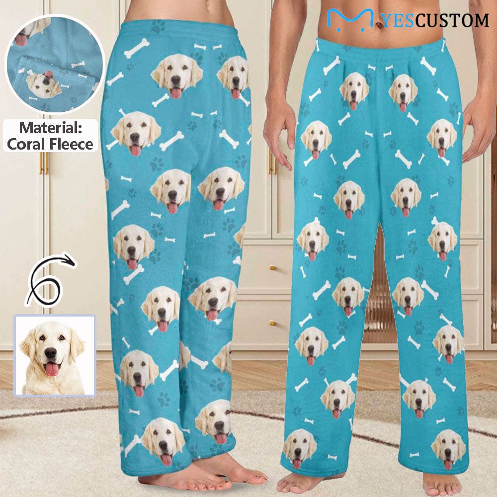 Custom Coral Fleece Pajama Trousers-Custom Face Dog Bone Paw Print Warm and Comfortable Sleepwear Long Pajama Pants For Men Women - YesCustom