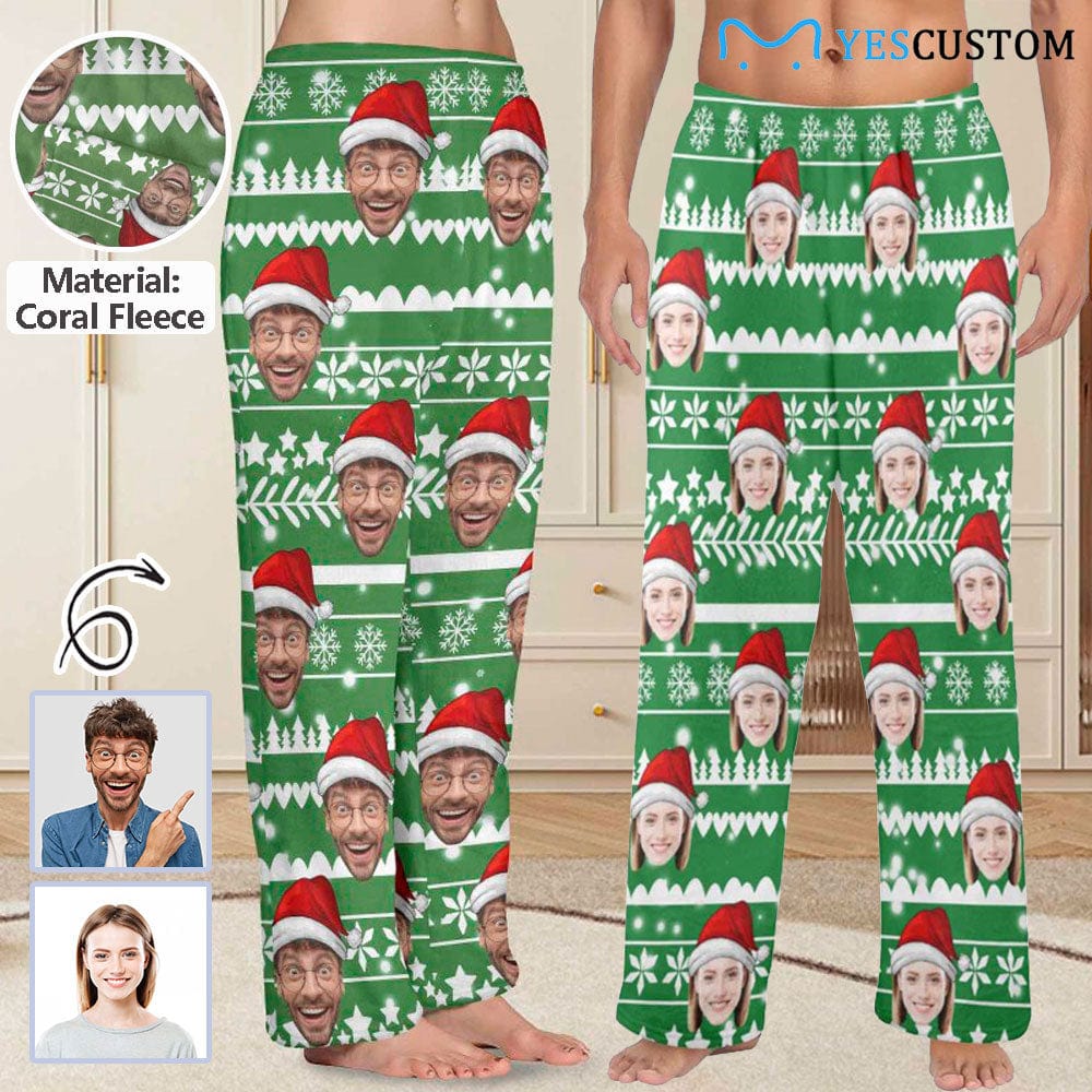 Custom Coral Fleece Pajama Trousers-Custom Face Green Christmas Tree Warm and Comfortable Sleepwear Long Pajama Pants For Men Women - YesCustom
