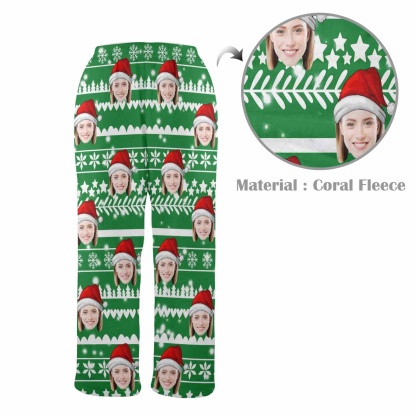 Custom Coral Fleece Pajama Trousers-Custom Face Green Christmas Tree Warm and Comfortable Sleepwear Long Pajama Pants For Men Women - YesCustom