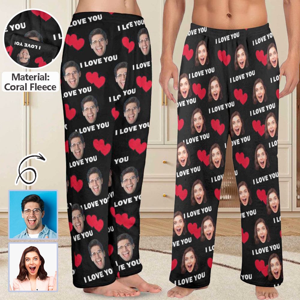 Custom Coral Fleece Pajama Trousers-Custom Face Heart Lover Print Warm and Comfortable Sleepwear Long Pajama Pants For Men Women - YesCustom