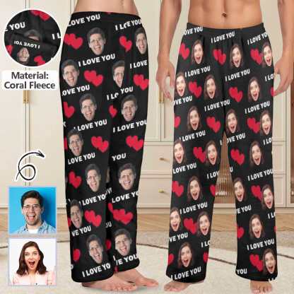 Custom Coral Fleece Pajama Trousers-Custom Face Heart Lover Print Warm and Comfortable Sleepwear Long Pajama Pants For Men Women - YesCustom