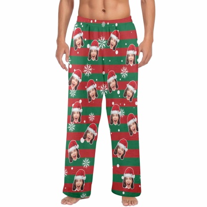 Custom Coral Fleece Pajama Trousers-Custom Face Red And Green Christmas Snowflake Warm and Comfortable Sleepwear Long Pajama Pants For Men Women - YesCustom