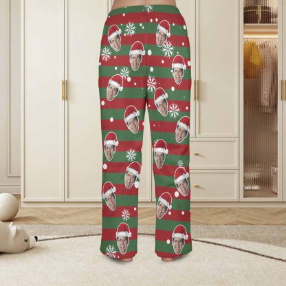 Custom Coral Fleece Pajama Trousers-Custom Face Red And Green Christmas Snowflake Warm and Comfortable Sleepwear Long Pajama Pants For Men Women - YesCustom