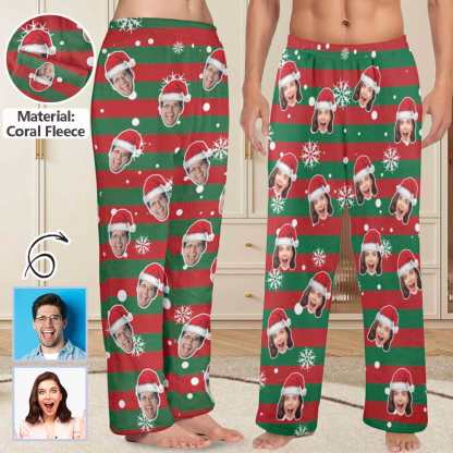 Custom Coral Fleece Pajama Trousers-Custom Face Red And Green Christmas Snowflake Warm and Comfortable Sleepwear Long Pajama Pants For Men Women - YesCustom