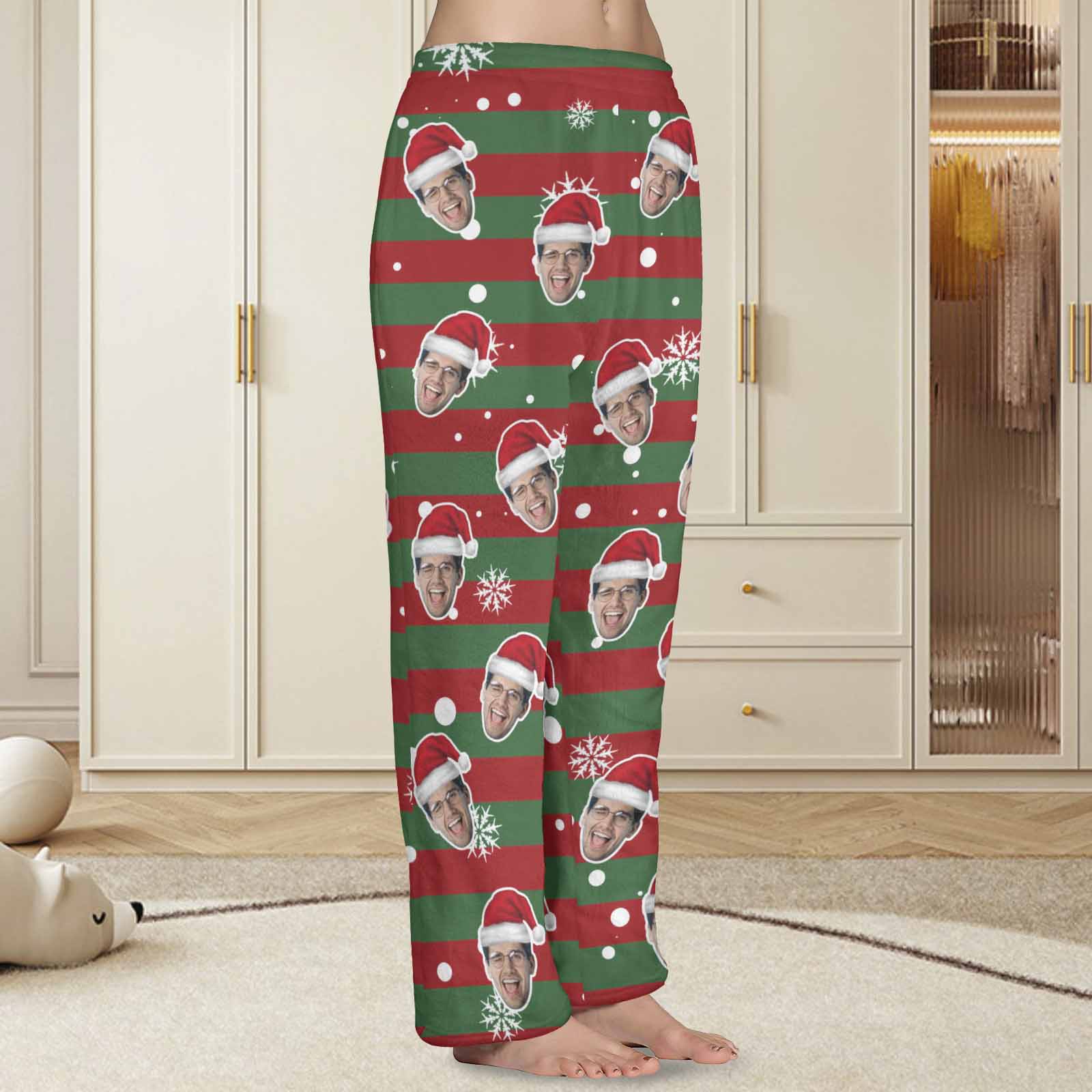 Custom Coral Fleece Pajama Trousers-Custom Face Red And Green Christmas Snowflake Warm and Comfortable Sleepwear Long Pajama Pants For Men Women - YesCustom