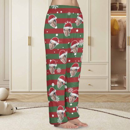 Custom Coral Fleece Pajama Trousers-Custom Face Red And Green Christmas Snowflake Warm and Comfortable Sleepwear Long Pajama Pants For Men Women - YesCustom