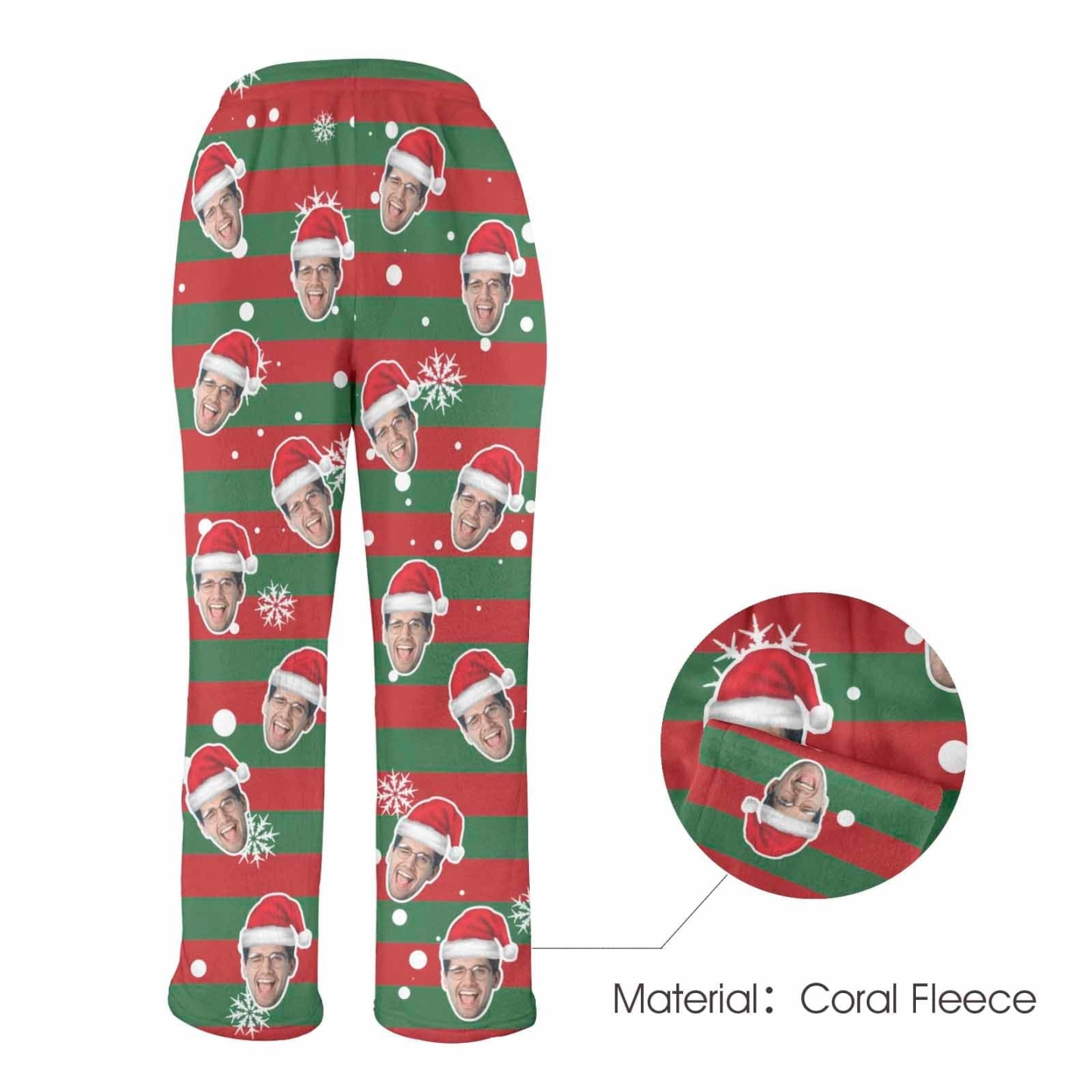 Custom Coral Fleece Pajama Trousers-Custom Face Red And Green Christmas Snowflake Warm and Comfortable Sleepwear Long Pajama Pants For Men Women - YesCustom