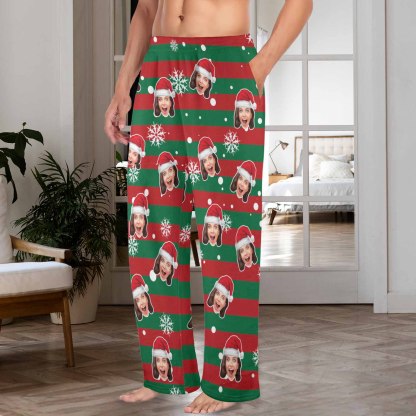 Custom Coral Fleece Pajama Trousers-Custom Face Red And Green Christmas Snowflake Warm and Comfortable Sleepwear Long Pajama Pants For Men Women - YesCustom