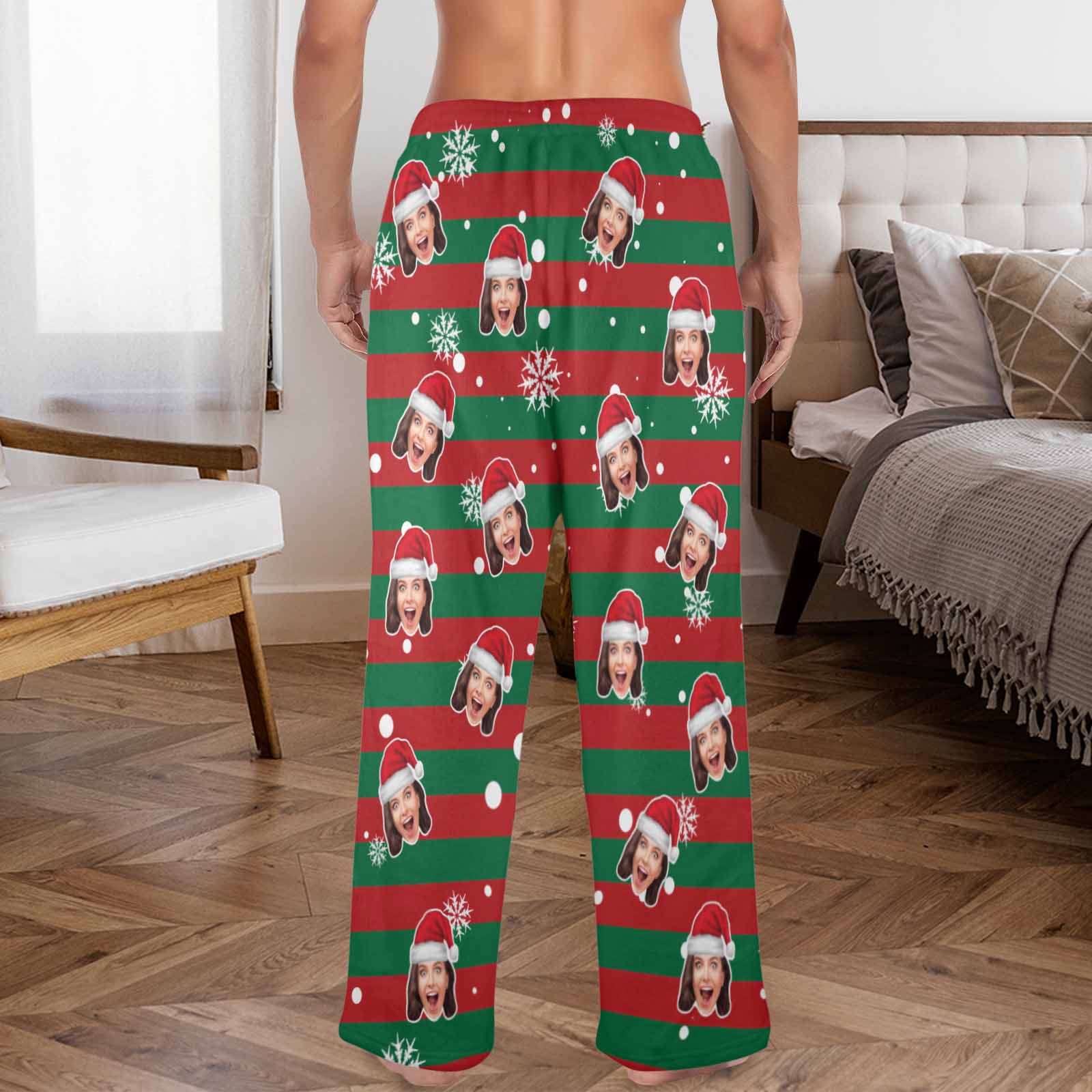Custom Coral Fleece Pajama Trousers-Custom Face Red And Green Christmas Snowflake Warm and Comfortable Sleepwear Long Pajama Pants For Men Women - YesCustom