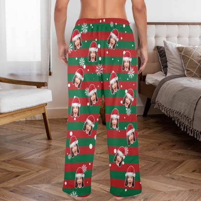 Custom Coral Fleece Pajama Trousers-Custom Face Red And Green Christmas Snowflake Warm and Comfortable Sleepwear Long Pajama Pants For Men Women - YesCustom