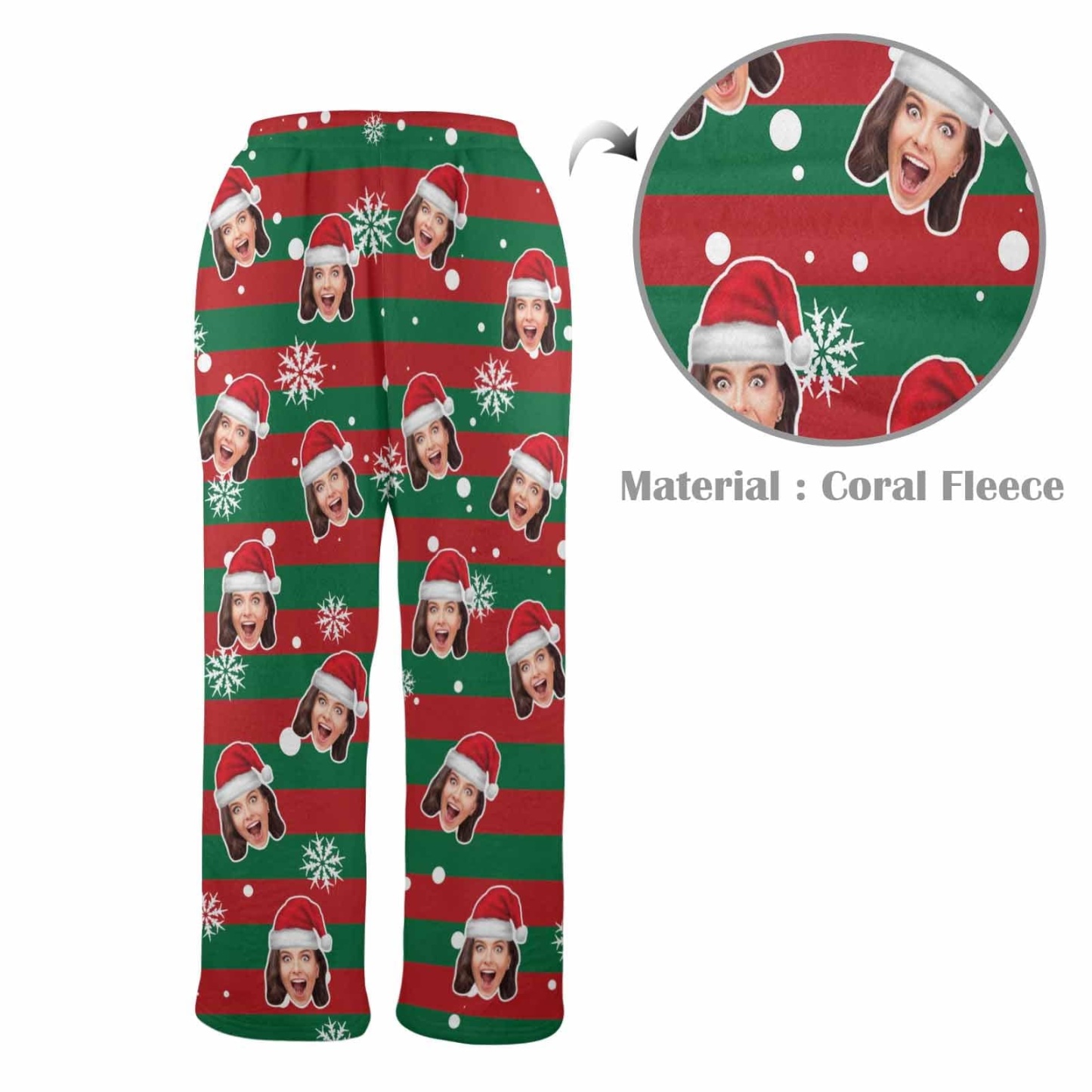 Custom Coral Fleece Pajama Trousers-Custom Face Red And Green Christmas Snowflake Warm and Comfortable Sleepwear Long Pajama Pants For Men Women - YesCustom