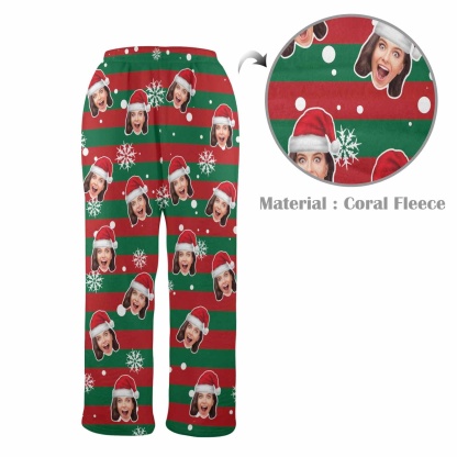 Custom Coral Fleece Pajama Trousers-Custom Face Red And Green Christmas Snowflake Warm and Comfortable Sleepwear Long Pajama Pants For Men Women - YesCustom
