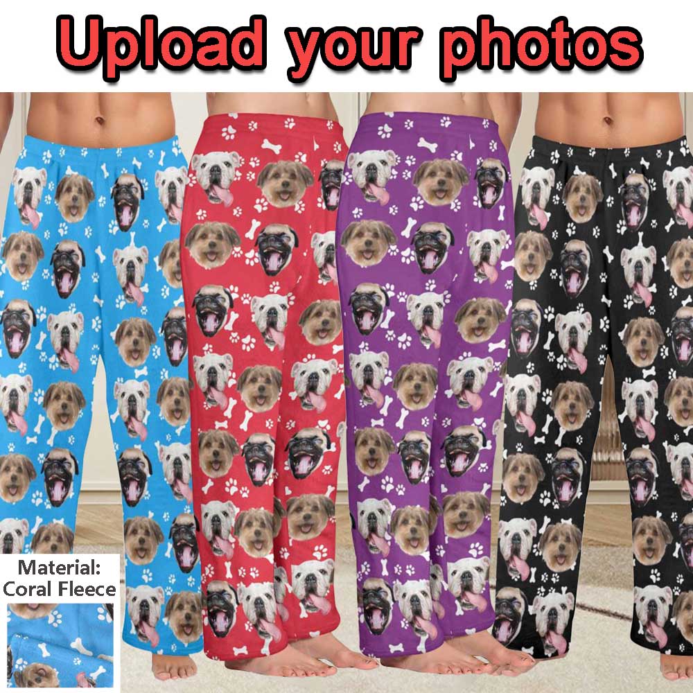 Custom Coral Fleece Pajama Trousers-Custom Pet Face Bone Foot Print Warm and Comfortable Sleepwear Long Pajama Pants For Men Women - YesCustom
