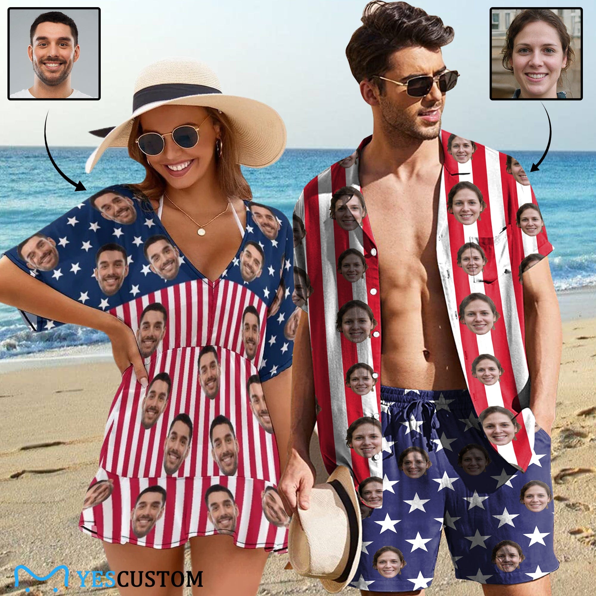 Custom Couple American Flag Hawaiian Shirt Set&Cover Up Dress Independence Gift - YesCustom