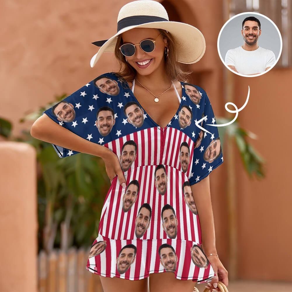 Custom Custom Face American Flag One Piece Cover Up Dress Personalized Women's Short Sleeve Beachwear Coverups - YesCustom