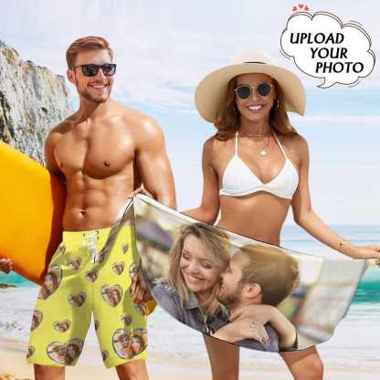 Custom Couple Beach Summer Swimwear Custom Photo Love Heart Beach Shorts&Beach Wrap - YesCustom