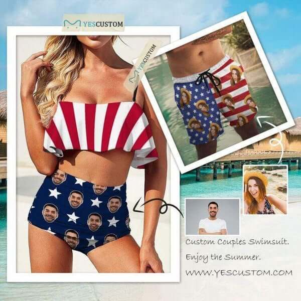 Custom Face Star Flag Couple Matching Swimsuit Bikini Men's Swim Short